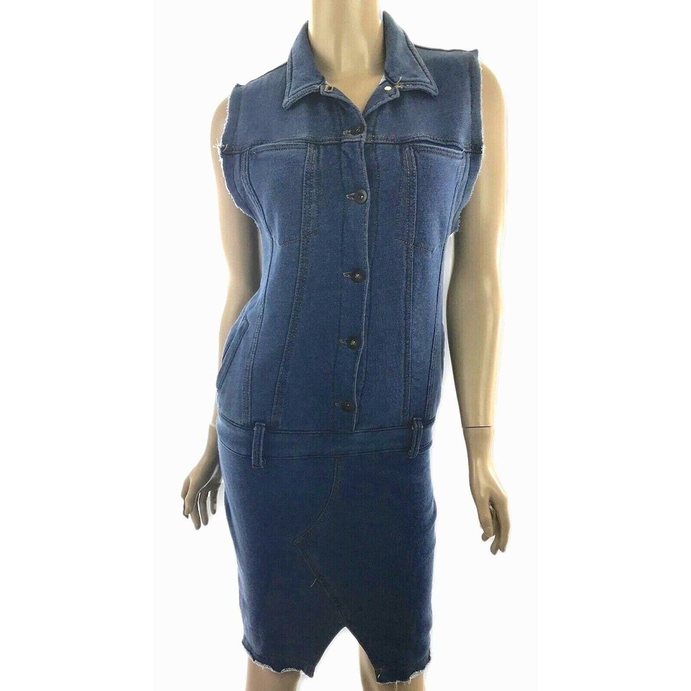 Drifter Blue Denim Sheath Dress Sleeveless Cotton XS Drop Waist Pockets MSRP$315